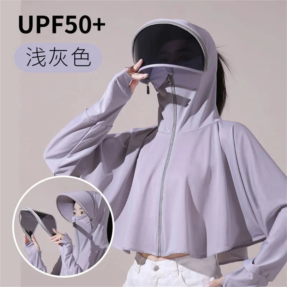 Sun Protection Clothes For Women 2025 New Summer Thin Ice Silk Breathable Bicycle Bike Protection Clothes With Cap UV Protection