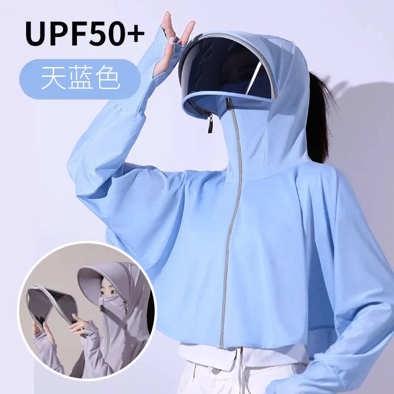 Sun Protection Clothes For Women 2025 New Summer Thin Ice Silk Breathable Bicycle Bike Protection Clothes With Cap UV Protection