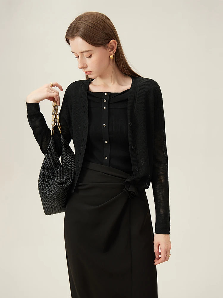 FSLE Ice fog Cardigan In Ice Silk Sun Protection Versatile Knitted Shirt For Women 2024 Summer New Style Slim Fit Top 24FS12117