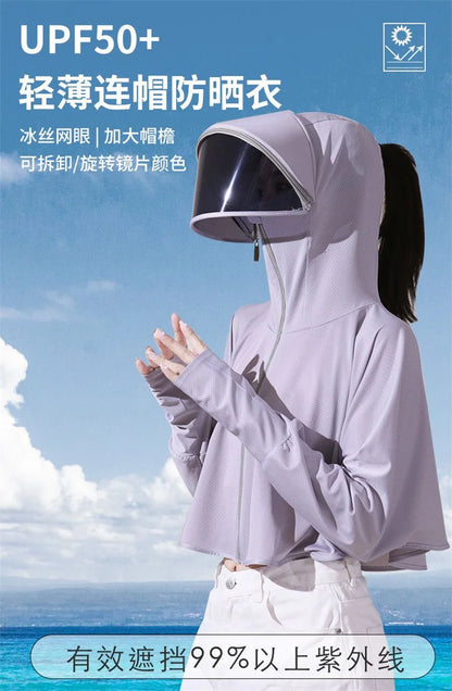 Sun Protection Clothes For Women 2025 New Summer Thin Ice Silk Breathable Bicycle Bike Protection Clothes With Cap UV Protection
