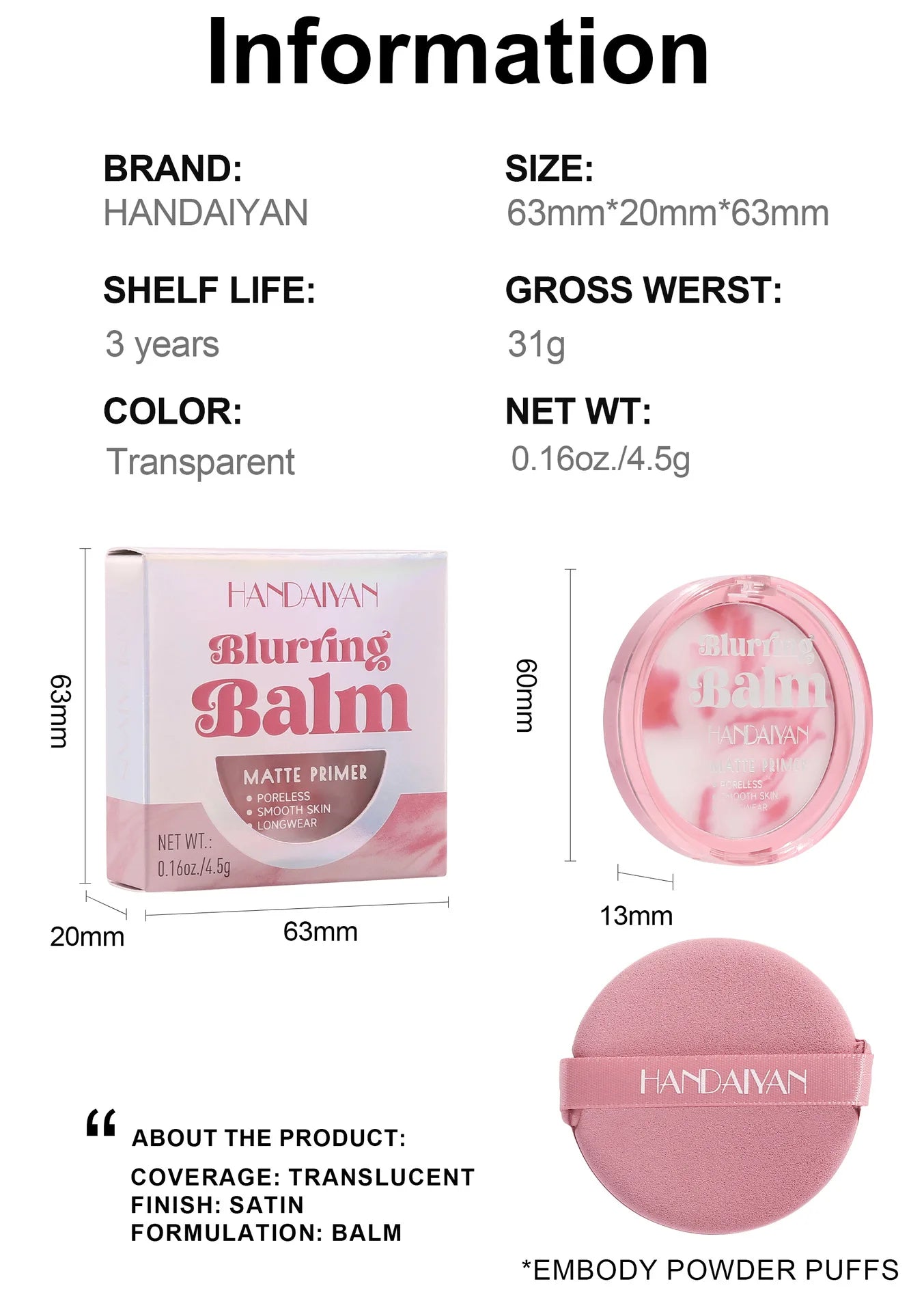 HANDAIYAN Light Mist Water Resistant Oil Control Brightening Complexion Matte Concealer Setting Powder with Powder Puff