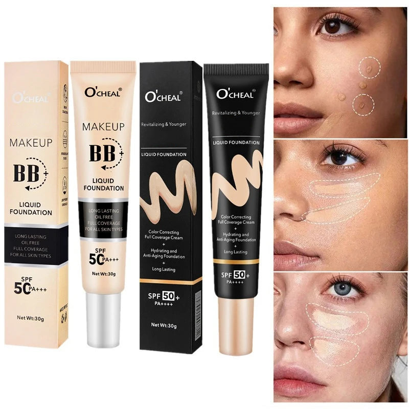 BB Cream Full Cover Face Base Liquid Foundation Makeup Waterproof Long Lasting Facial Concealer Whitening Cream Korean Make Up