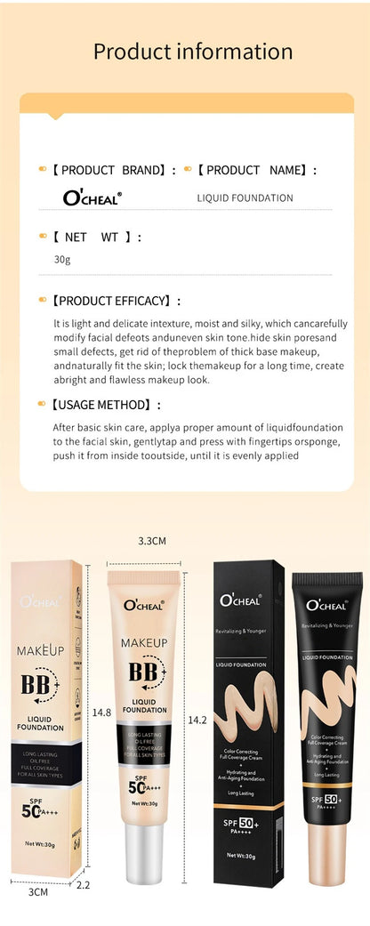 BB Cream Full Cover Face Base Liquid Foundation Makeup Waterproof Long Lasting Facial Concealer Whitening Cream Korean Make Up