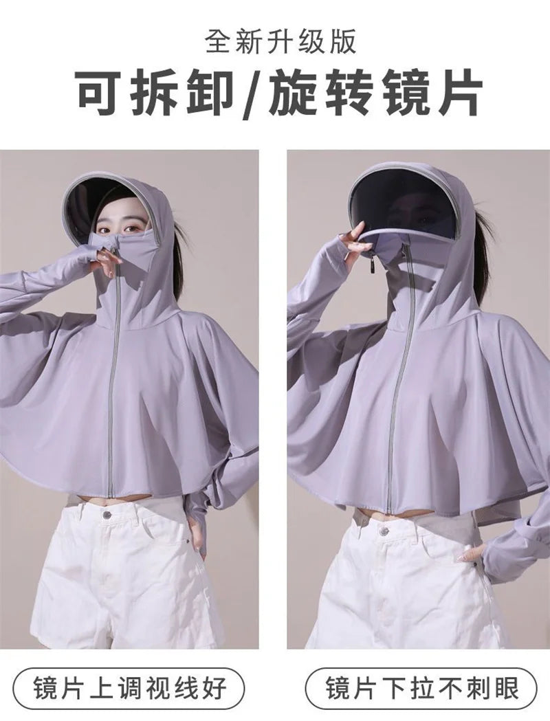 Sun Protection Clothes For Women 2025 New Summer Thin Ice Silk Breathable Bicycle Bike Protection Clothes With Cap UV Protection