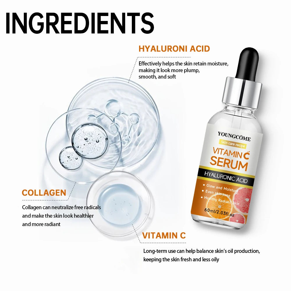 Vitamin C Facial Serum Anti Aging Whitening Brightening Dark Spots Freckle Remove Hyaluronic Acid Vitamin E 40ML /60ML 2025
